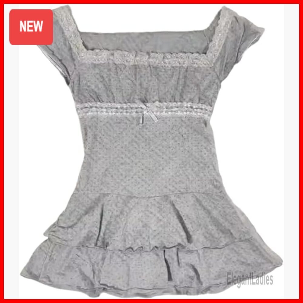 Vintage Y2K Coquette Babydoll Crop Top with Lace Bow Trim